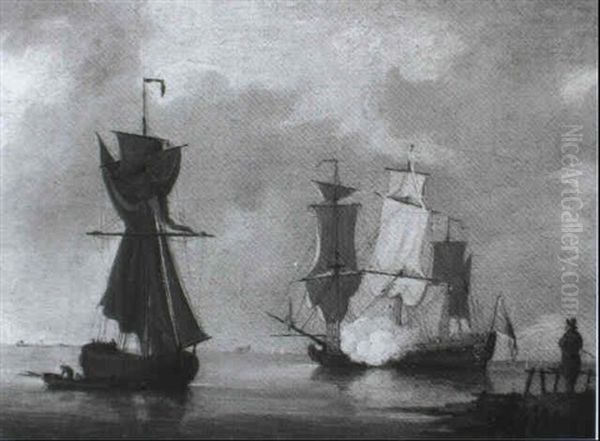 An East Indiaman Firing A Salute Oil Painting by Peter Monamy