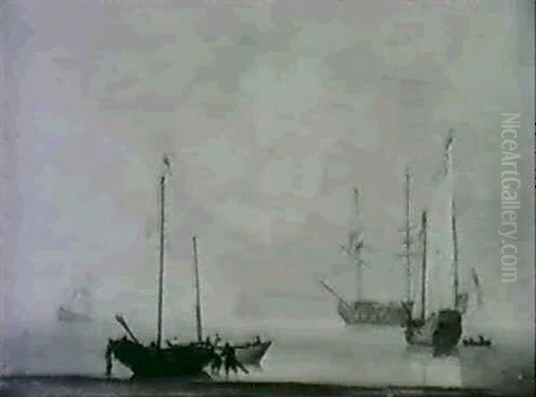 A British Man Of War And Dutch Fishing Vessels Off The Coast In A Calm Oil Painting by Peter Monamy