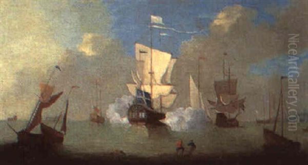 A Man-o-war Firing A Salute Off The Coast Oil Painting by Peter Monamy