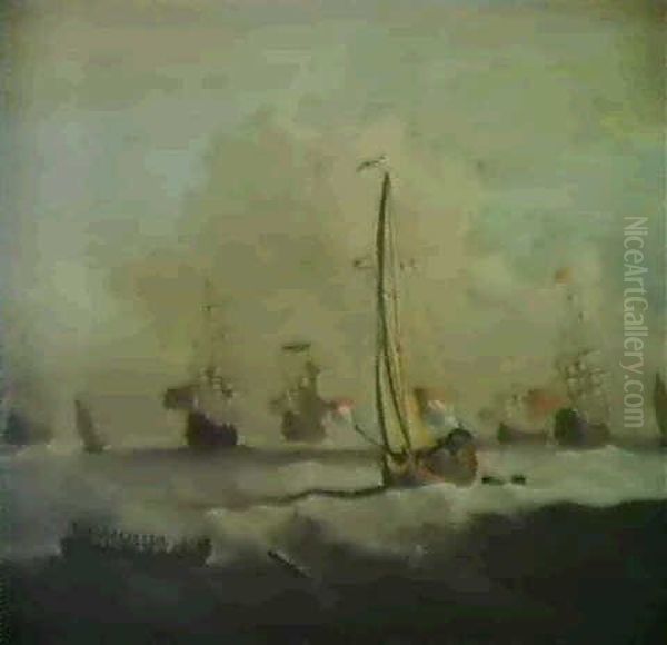 The British And Dutch Fleets In Open Seas, A Yatch Rowing   Boat In The Foreground Oil Painting by Peter Monamy