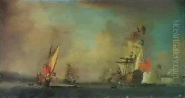 The Royal Yacht, Peregrine And A Smack Rigged Royal Yacht Onthe Medway Off The Coast At Gillingham, Kent, & Upnor Castle Oil Painting by Peter Monamy