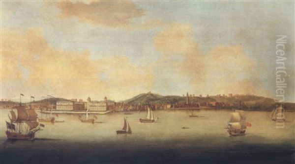 A Prospect Of Greenwich From The North Bank Of The Thames,  With Shipping In The Foreground Oil Painting by Peter Monamy