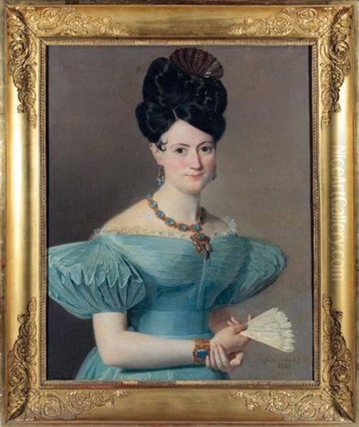 Jeune Femme En Robe Bleue, Tenant Un Eventail Oil Painting by Jean-Jacques-Francois Monanteuil