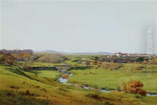 Weite Weidenlandschaft Mit Einem Kleinen Dorf Oil Painting by Jean Ferdinand Monchablon