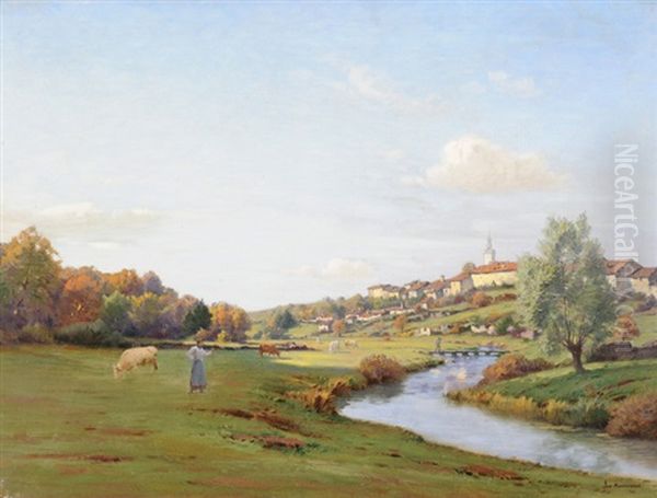 Franzosisches Stadtchen Am Ufer Eines Flusses Oil Painting by Jean Ferdinand Monchablon