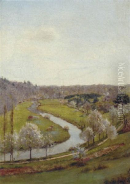 Cattle Grazing At The Bend Of The River, A Wood Beyond Oil Painting by Jean Ferdinand Monchablon