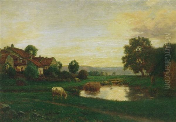 Cattle Grazing By A River, Sunset Oil Painting by Jean Ferdinand Monchablon