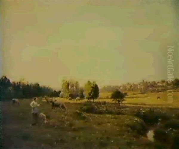 Shepherdess In A Pasture Oil Painting by Jean Ferdinand Monchablon