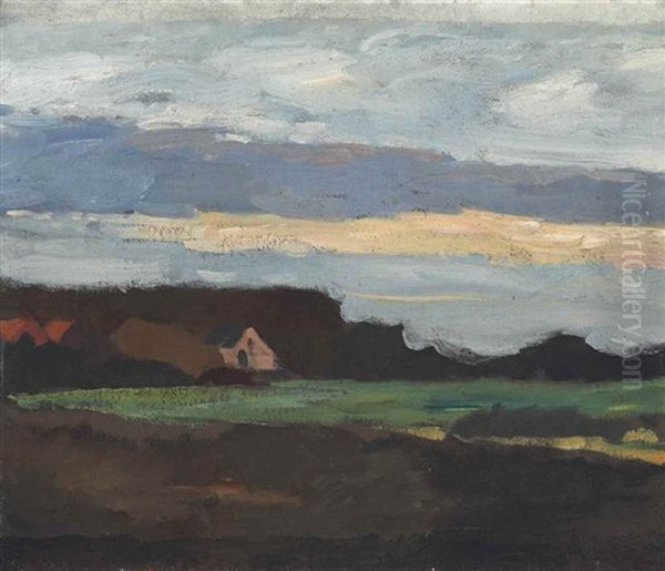 Farm Buildings In White And Red Near A Green Field Oil Painting by Piet Mondrian