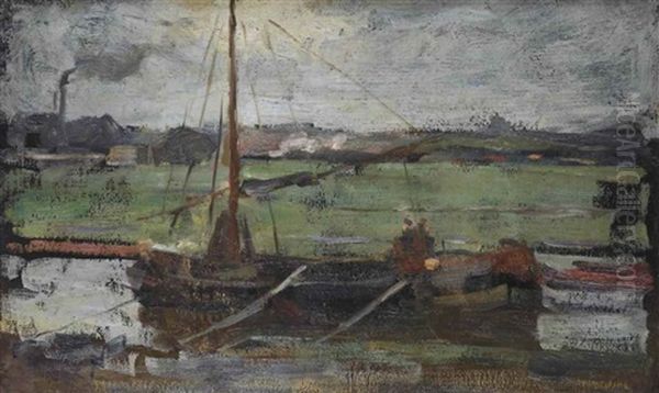 Polder With Moored Boat Near Amsterdam I Oil Painting by Piet Mondrian