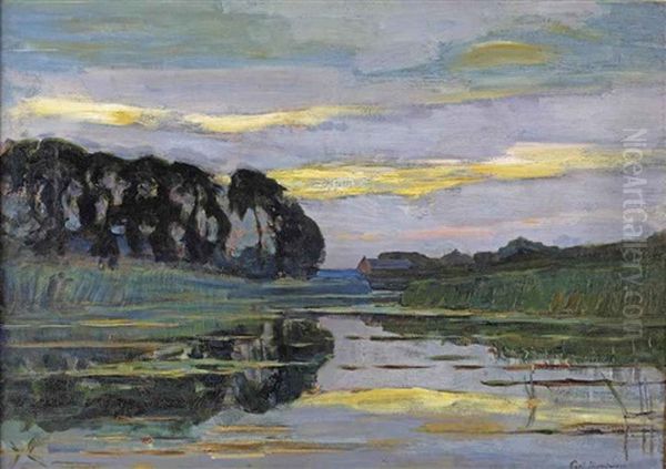 Farmstead On The Gein Screened By Tall Trees With Streaked Sky Oil Painting by Piet Mondrian