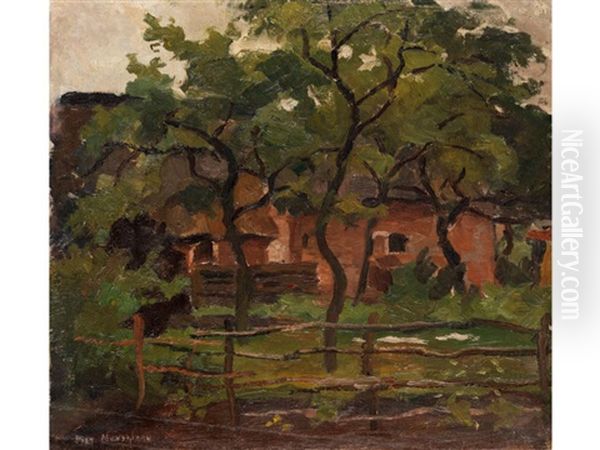 Bauerngehoft Unter Baumen Hinter Einem Weidezaun - Farm Building In Het Gooi, Fence And Trees In The Foreground Oil Painting by Piet Mondrian