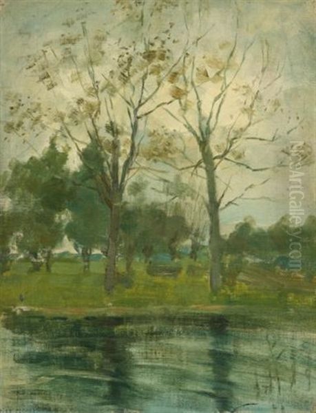 Two Trees Silhouetted Behind A Water Course Oil Painting by Piet Mondrian