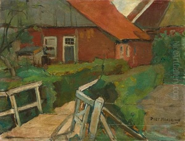 Farm Building With Bridge Oil Painting by Piet Mondrian