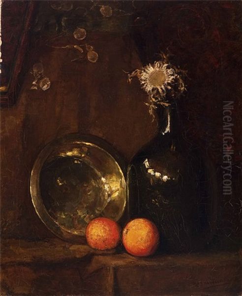 Still Life With Dried Sunflower In A Glass Bottle, Brass Dish And Two Oranges Oil Painting by Piet Mondrian