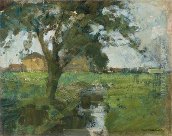 Farm Setting With Foreground Tree And Irrigation Ditch (scene De Ferme Avec Un Arbre Au Premier Plan Et Un Canal D'irrigation) Oil Painting by Piet Mondrian