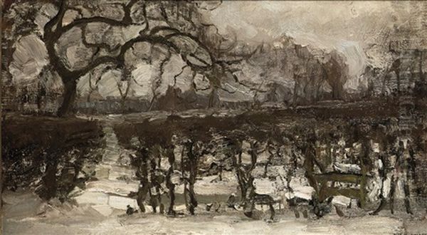 Landscape With Apple Tree At Left: Winter Landscape Oil Painting by Piet Mondrian