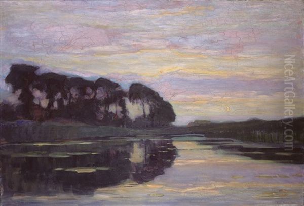 Ferme Sur Le Gein, Dissimulee Par De Grands Arbres, Au Coucher De Soleil Oil Painting by Piet Mondrian