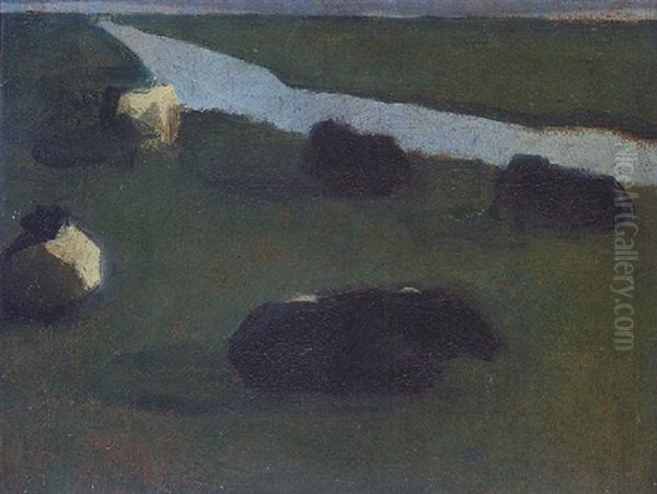 Polder Landscape With Irrigation Ditch And Five Cows Oil Painting by Piet Mondrian