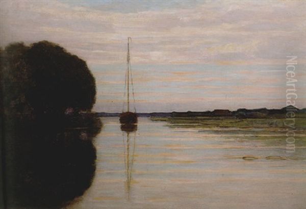 Sailboat Moored In A River Oil Painting by Piet Mondrian