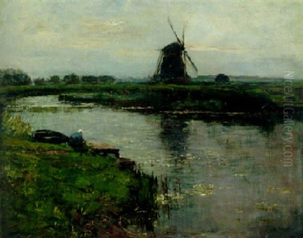 Oostzijde Mill With Woman At Dock Of Landzicht Farm Oil Painting by Piet Mondrian