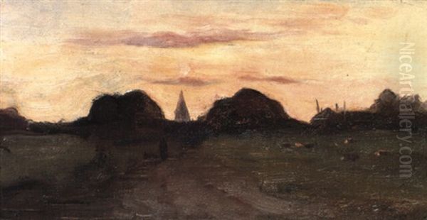 An Extensive Landscape With A Church Spire In Distance Oil Painting by Piet Mondrian