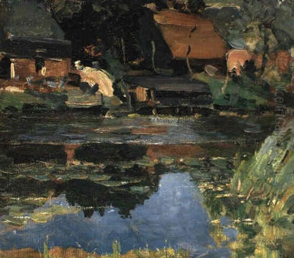 Farm By The Water With A Wash Stoop Oil Painting by Piet Mondrian