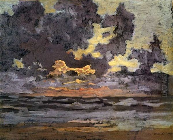 A Landscape At Sunset Oil Painting by Piet Mondrian