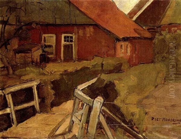 A Farmhouse With A Bridge In The Foreground Oil Painting by Piet Mondrian