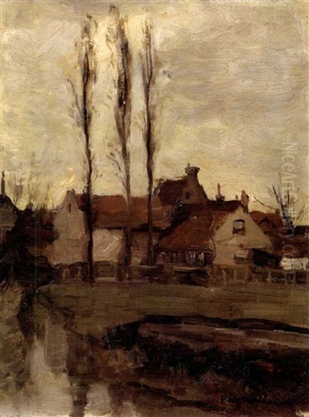 Houses With Poplars Oil Painting by Piet Mondrian