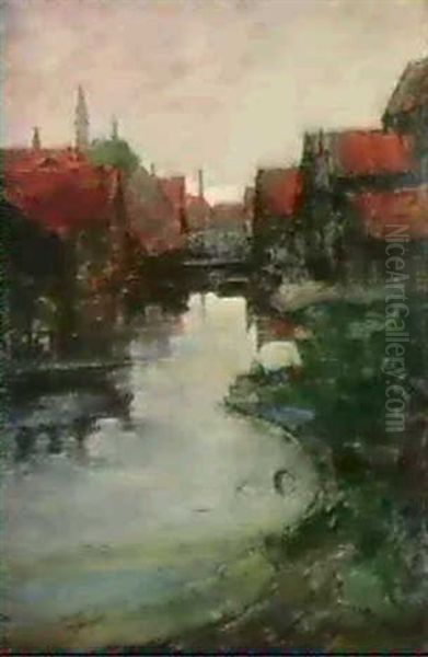 Canal Near The Intersection Of De Celecqstraat And Kostrenoren Vaart, Amsterdam Oil Painting by Piet Mondrian