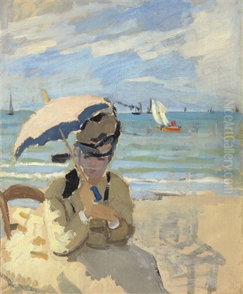 Camille Assise Sur La Plage A Trouville Oil Painting by Claude Monet