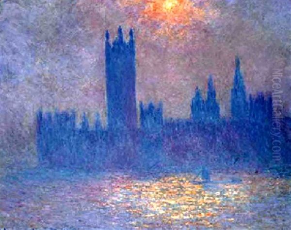 Londres, Le Parlement, Effet De Soleil Dans Le Brouillard Oil Painting by Claude Monet