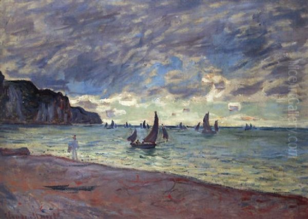 Barques De Peche Devant La Plage Et Les Falaises De Pourville Oil Painting by Claude Monet