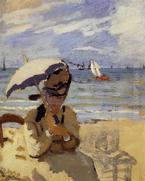 Camille Assise Sur La Plage A Trouville Oil Painting by Claude Monet