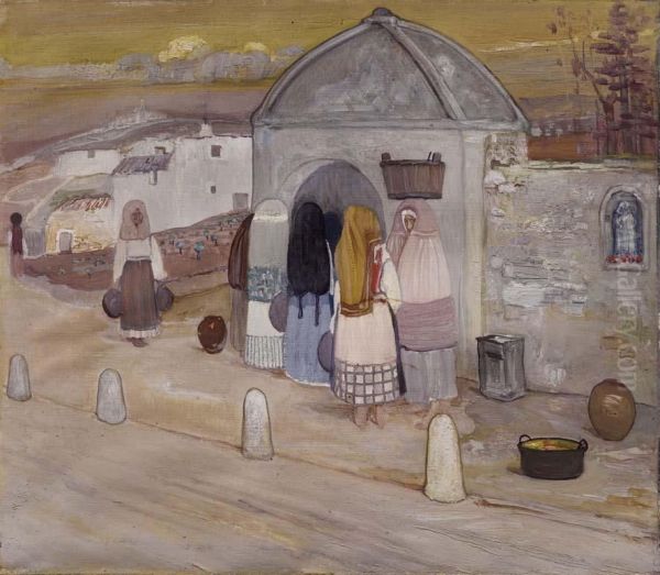 Sera In Un Villaggio - Comari Sarde Alla Fonte Oil Painting by Giuseppe Biasi Da Teulada