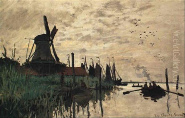 Moulin A Vent Et Bateaux A Zaandam Oil Painting by Claude Monet