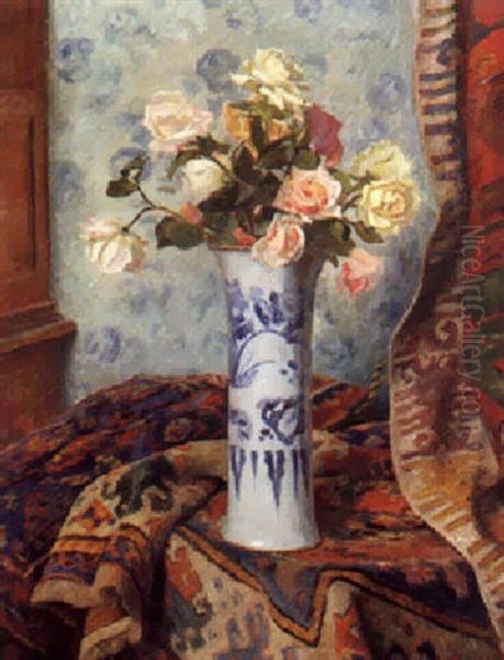 Vase De Roses Aux Tapis Oil Painting by Georges Daniel Monfreid