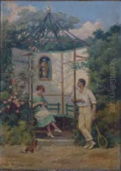 Jeune Tennisman Pres D'une Gloriette, Dans Un Jardin Oil Painting by Jules Monge