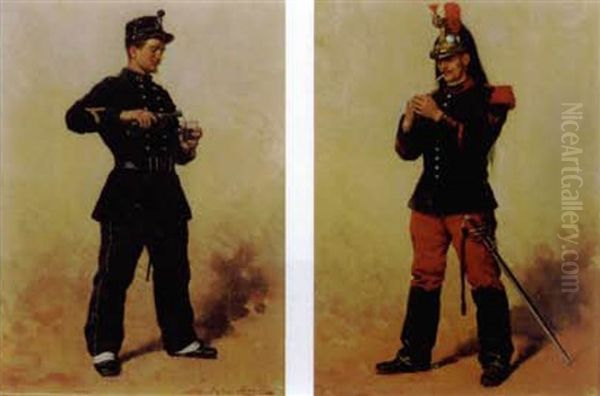 Militaire (+ Another, Similar; Pair) Oil Painting by Jules Monge