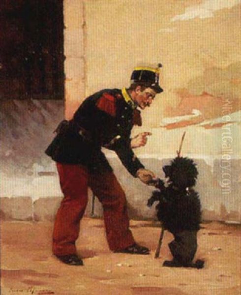 Une Recrue - The Sergeant At Arms Drills His Poodle Recruit Oil Painting by Jules Monge