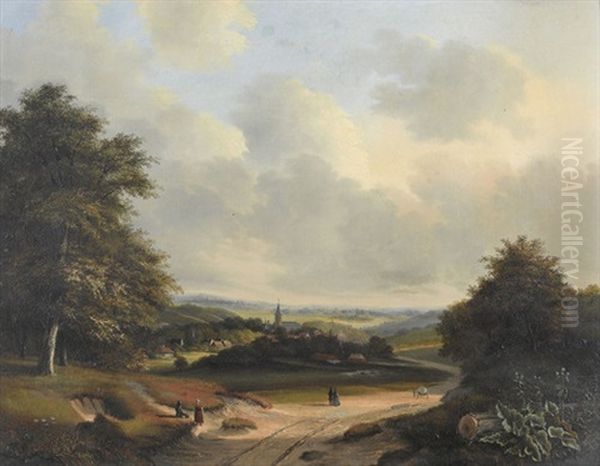 Sommerliche Landschaft Mit Dorf Und Figurenstaffage Oil Painting by Cornelis Marinus Willem Mongers