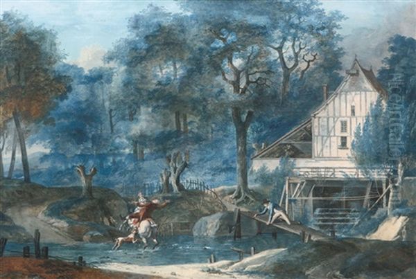 Cavalier Traversant Le Gue Devant Un Moulin A Eau (+ Baigneuses Dans Un Paysage Classique; 2 Works) Oil Painting by Antoine Pierre Mongin