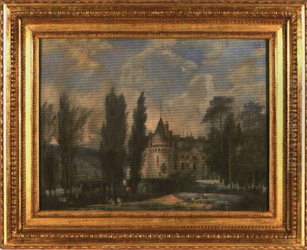 Berger Et Son Troupeau Devant Un Chateau Oil Painting by Antoine Pierre Mongin