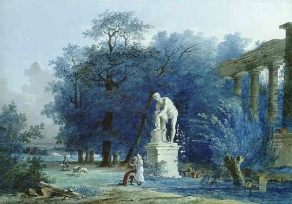 A Garden By A Ruined Temple With A Young Man Kneeling Before Two Ladies Near A Statue Of Cincinnatus Oil Painting by Antoine Pierre Mongin