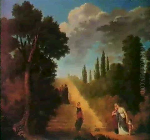 Personnages Au Pied D'un Escalier Dans Un Parc Oil Painting by Antoine Pierre Mongin