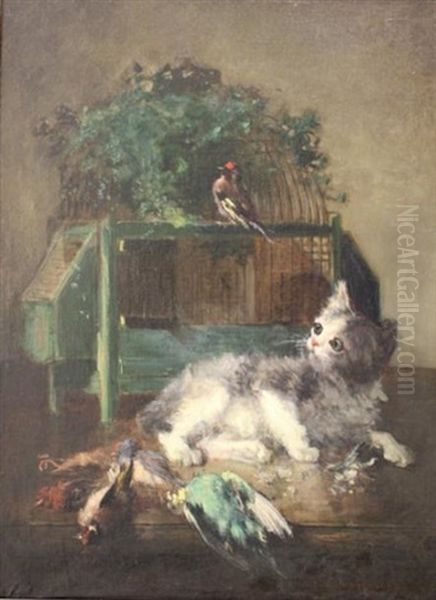 Chat Jouant Avec Des Oiseaux Oil Painting by Charles Monginot