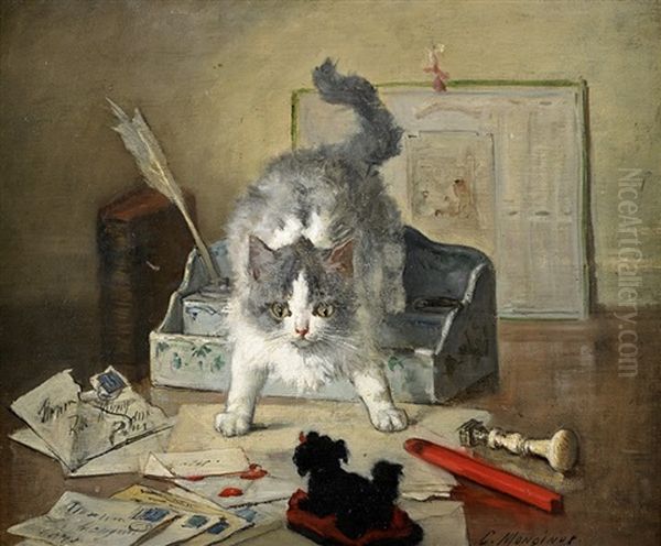 Chat Jouant Sur Le Bureau Oil Painting by Charles Monginot