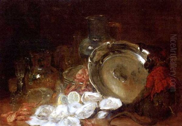 A Monkey Sitting By A Salver, Oysters And Shrimps, A Lemon, Various Glass Vessels And Plates On A Table Oil Painting by Charles Monginot