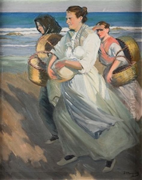 Mujeres En La Playa Oil Painting by Jose Mongrell Torrent